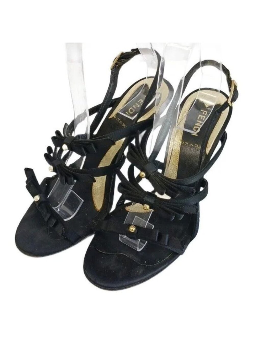 Fendi Sandals Satin Open Toe High Heels Strap Ribbon Studs Black